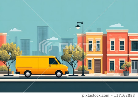Minimalist flat vector art of a delivery van in a city street 137162888