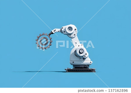 Minimalist flat vector of a robotic arm assembling a gear clean blue background Minimalist flat vector of a robotic arm assembling a gear clean blue background 137162896