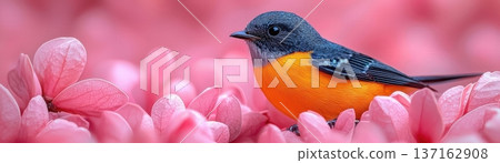 Colorful Bird among Vibrant Pink Flowers in Soft Focus Imagery for Nature Lovers 137162908