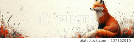 Artistic Representation of a Fox Sitting in a Meadow Surrounded by Autumn Leaves and Flowers 137162910