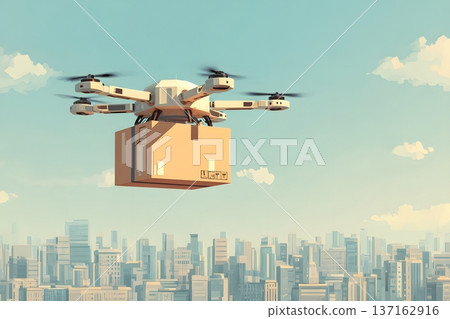 Clean 2D art of a delivery drone carrying a parcel over a flat city 137162916
