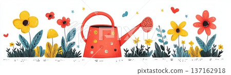 Colorful Garden Illustration with Watering Can and Vibrant Flowers and Leaves 137162918