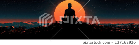 Silhouette of a Person Meditating at Sunset with Vibrant Colors and Cityscape Background 137162920