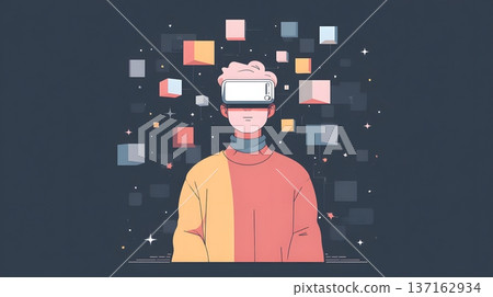 Flat design illustration of a person wearing a VR headset with digital cubes 137162934