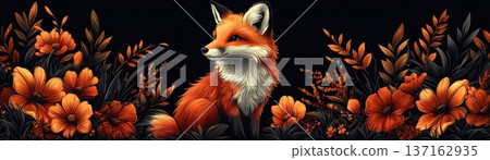 Orange Fox Surrounded by Vibrant Flowers and Foliage in a Dark Nature Scene 137162935