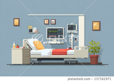 Flat illustration of a hospital room with a smart bed and digital monitors Flat illustration of a hospital room with a smart bed and digital monitors 137162971