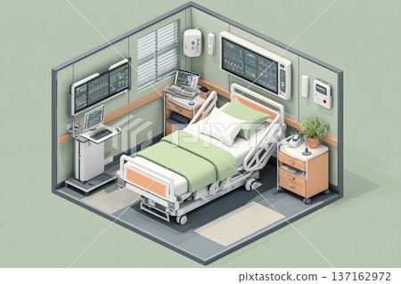 Flat illustration of a hospital room with a smart bed and digital monitors Flat illustration of a hospital room with a smart bed and digital monitors 137162972