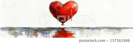 Watercolor Painting of Red Heart Balloon Reflecting on Calm Water Surface Background 137162986