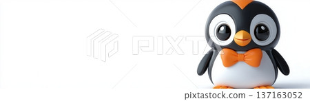 Cute cartoon penguin character with orange bowtie and large eyes on white background 137163052