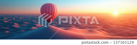Serene Hot Air Balloon Soaring Over Expansive Sand Dunes Under Vibrant Sunrise Sky 137163129