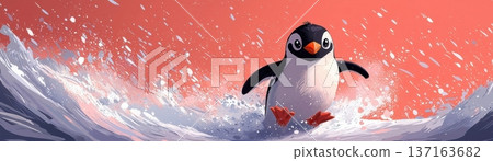 Playful Penguin Sliding Through Vibrant Waves in an Artistic Ocean Landscape Scene 137163682