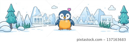 Cute cartoon penguin on a snowy landscape with mountains and houses in a winter wonderland scene 137163683