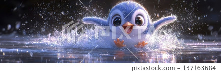 Joyful Cartoon Penguin Splashing in Water with Bright Eyes and Cute Expression 137163684