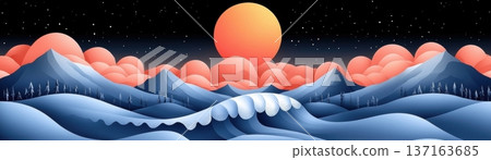 Vibrant Sunset Over Mountains and Waves in a Serene Illustrative Landscape Scene 137163685