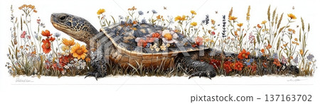 Turtle Among Wildflowers in a Colorful and Vibrant Natural Landscape 137163702
