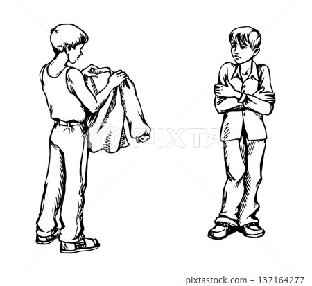Vector drawing. The boy is picking up his shirt 137164277