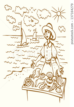 Vector illustration of a girl selling shells. 137164279