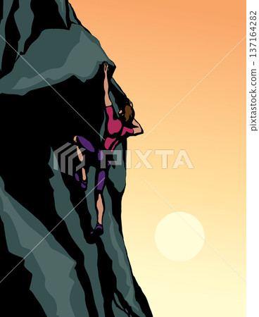 Climber climbs on a rock. Vector drawing 137164282