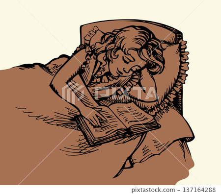 Vector drawing. Girl asleep in a bed 137164288
