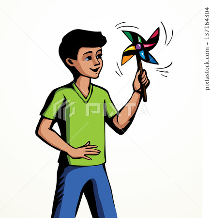 Vector drawing. A boy with a wind toy Vector drawing. A boy with a wind toy 137164304