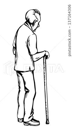 Vector drawing. Old man with wooden stick Vector drawing. Old man with wooden stick 137164306