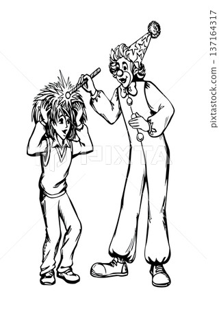 Vector drawing. Clown and small boy Vector drawing. Clown and small boy 137164317