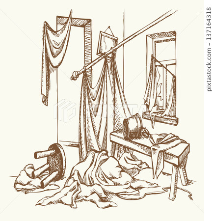 Vector drawing. Cluttered room view. 137164318