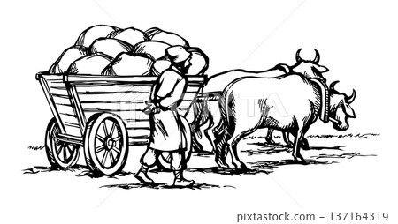 Vector drawing. Ancient cart with cows Vector drawing. Ancient cart with cows 137164319