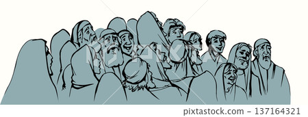 Vector illustration of a crowd listening to a speaker. Vector illustration of a crowd listening to a speaker. 137164321