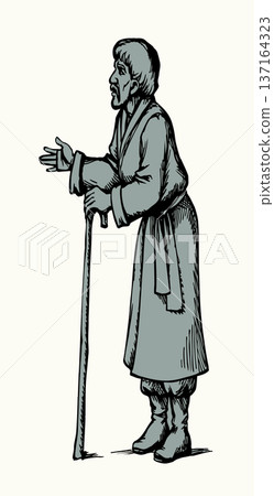 Vector drawing. Old man with cane 137164323