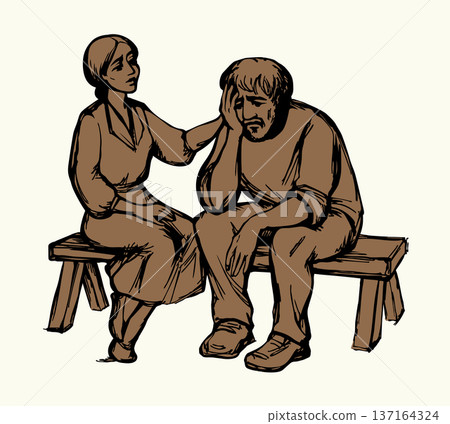 Vector drawing. Girl and sad man Vector drawing. Girl and sad man 137164324