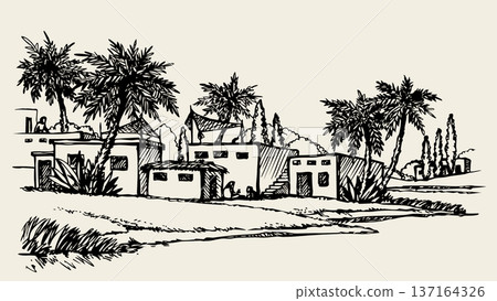 Vector drawing. Old village at river 137164326