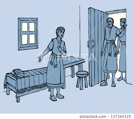 Vector drawing. A woman offers housing to the prophet Elisha. Vector drawing. A woman offers housing to the prophet Elisha. 137164328