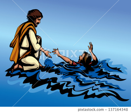 Vector drawing. Jesus helps man in a storm 137164348