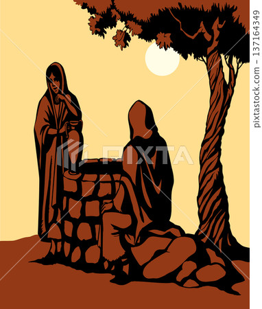 Vector drawing. Jesus and woman Vector drawing. Jesus and woman 137164349