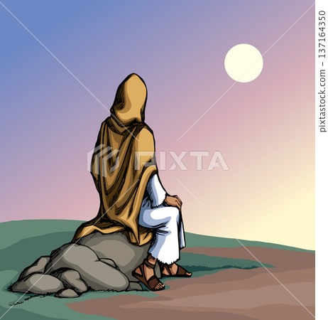 Vector drawing. Jesus looks at the sun 137164350
