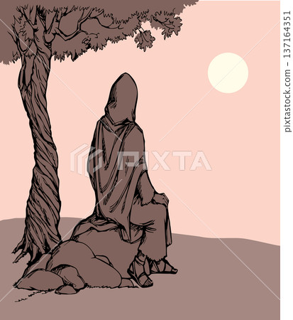 Vector drawing. Jesus looks at the sun 137164351