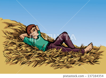 Vector drawing. A boy laying in a hay Vector drawing. A boy laying in a hay 137164354