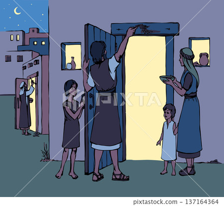 Vector drawing. The family fulfills God's command. Anoints the doorposts with the blood of the lamb Vector drawing. The family fulfills God's command. Anoints the doorposts with the blood of the lamb 137164364