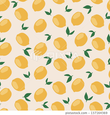 Hand drawn italian lemon seamless pattern. Green, yellow summer print. Italy citrus summer sketch. Fruit background 137164369