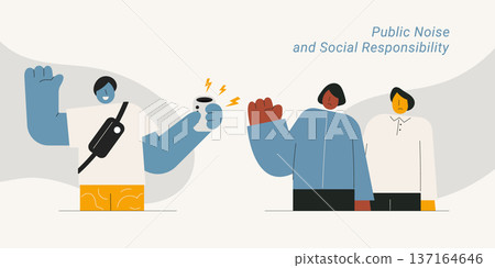 Public noise and social responsibility showing man with speaker disturbing others. Flat design vector illustration for noise pollution, public etiquette and social awareness concepts. 137164646