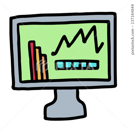 Hand drawn illustration of computer screen with graphs for meeting, presentation, office supplies, back to school, data, weekdays, retail, stores, department store, working, office icon, data, info 137164849