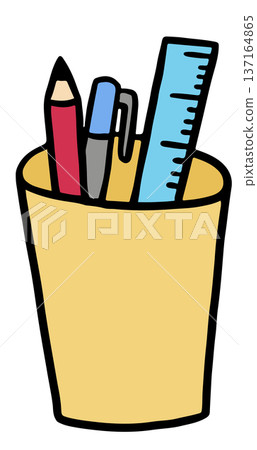 Hand drawn illustration of cup with stationery pen, pencil, ruler for meeting, presentation, office supplies, back to school, data, weekdays, table essentials, department store, working, office icon 137164865