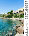 Clear blue sea and buildings lining the coastline under bright sunlight on the French island of Corsica in the Mediterranean Sea 137164957