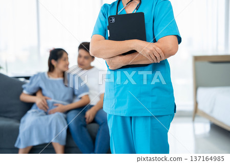 A caring gynecologist provides expert guidance and health care during a pregnancy examination. With ultrasound technology, the doctor offers advice to ensure the well-being of both and her family 137164985