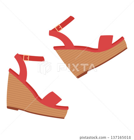 Red wedge sandals. Summer clothing design. Flat-style vector illustration isolated on a white background 137165018