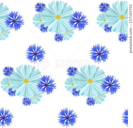 seamless background with light blue daisies and blue, lilac cornflowers and green leaves on a white background. seamless background with light blue daisies and blue, lilac cornflowers and green leaves on a white background. 137165701