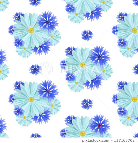 seamless background with light blue daisies and blue, lilac cornflowers and green leaves on a white background. 137165702