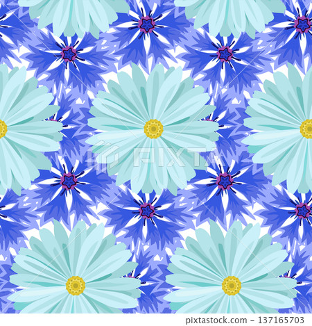 Vector seamless background with light blue daisies and blue, lilac cornflowers . Vector seamless background with light blue daisies and blue, lilac cornflowers . 137165703