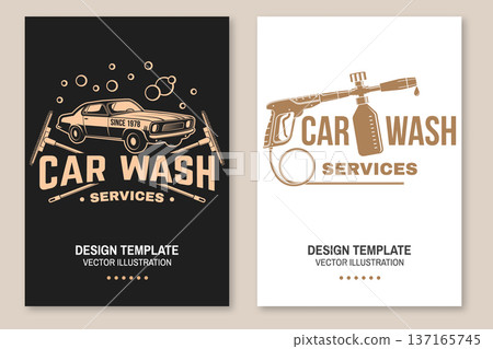 Professional car wash poster, banner and flyer template set. Vector auto cleaning and car service advertising design with washing equipment and vehicle care elements. 137165745